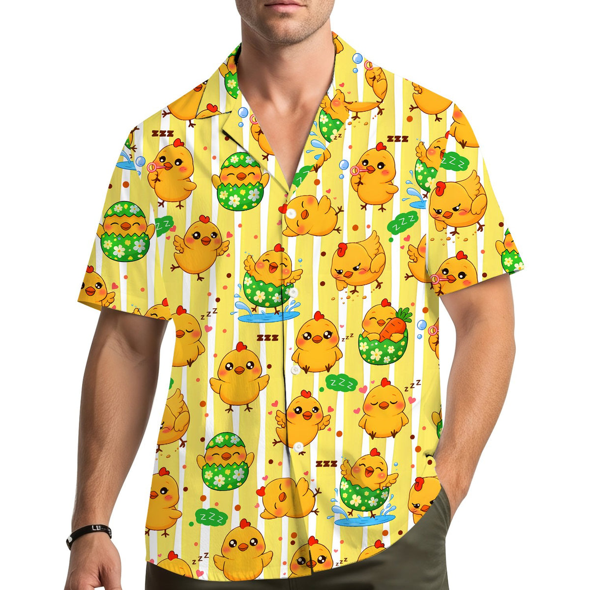 Lifestyle view of a person wearing the matching family hawaiian shirts with Easter chicks