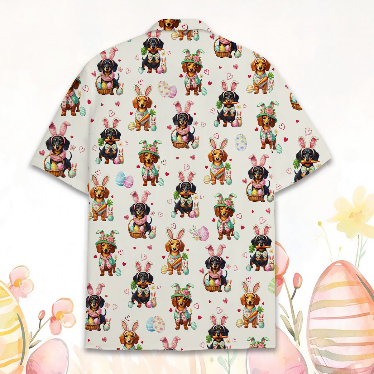 Alternate back view showing the full dachshund pattern on the hawaiian shirt
