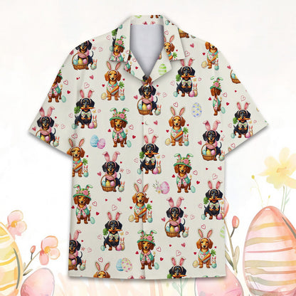 Easter dachshunds hawaiian shirt with dogs in bunny ears on a beige background, main view
