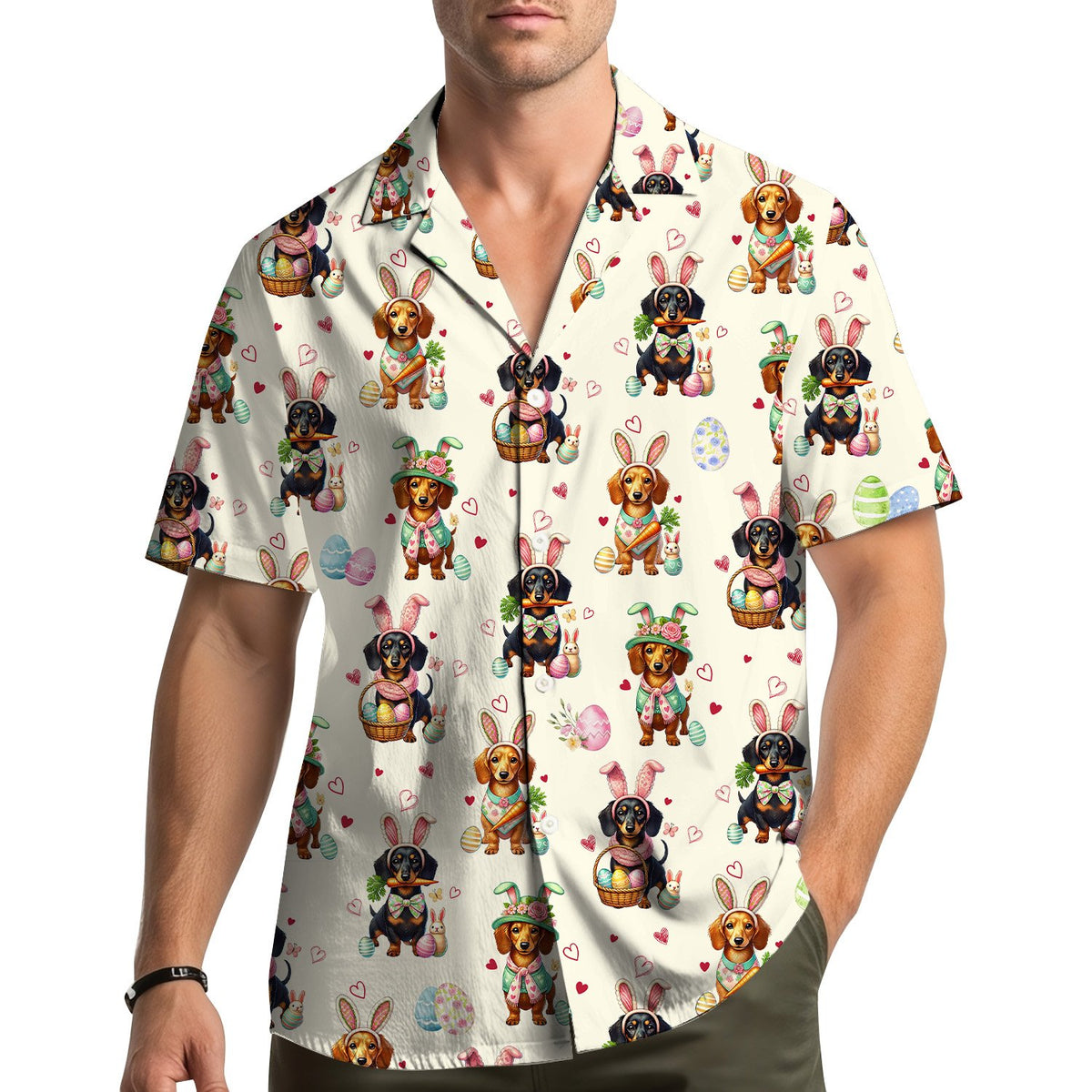 Lifestyle view of a person wearing the matching family hawaiian shirt