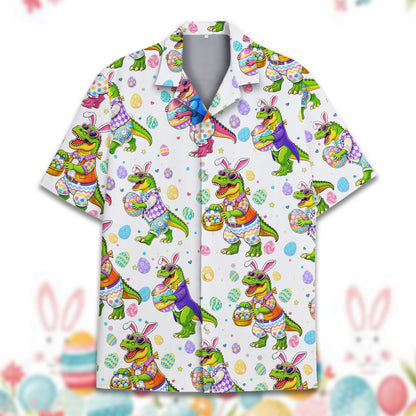 Easter dinosaur hawaiian shirt featuring T-Rex with bunny ears, main view
