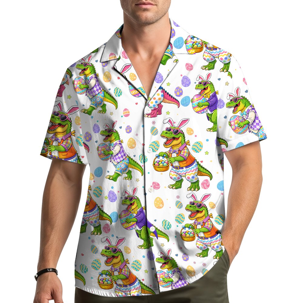 Family wearing matching family hawaiian shirts with Easter dinosaur pattern, lifestyle view