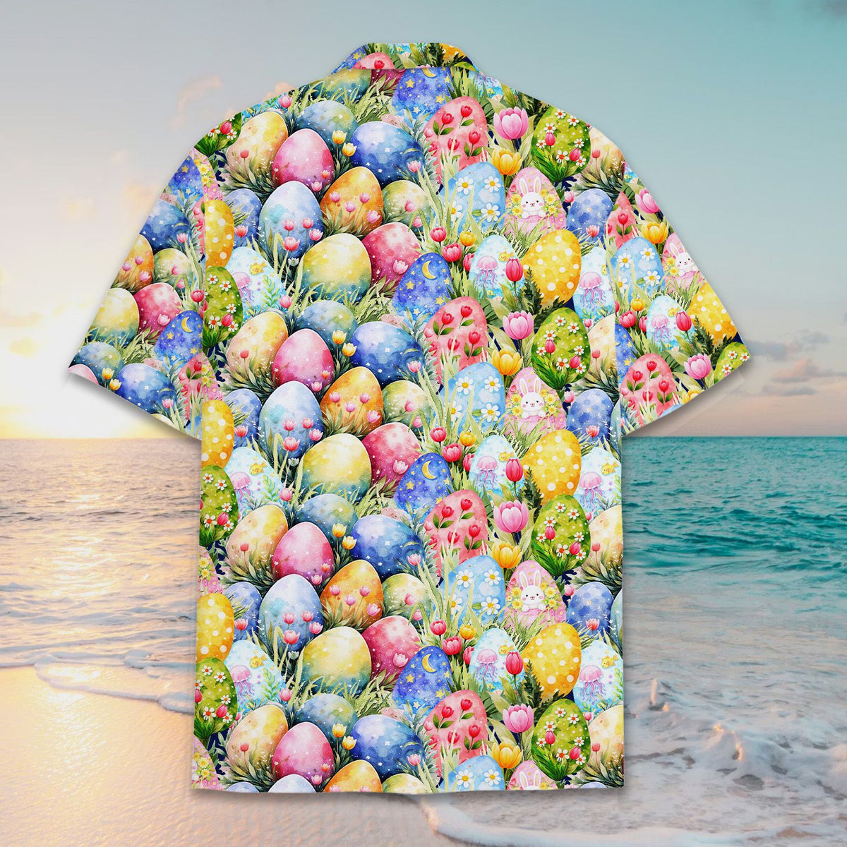 Alternative back view of the multicolor easter hawaiian shirt