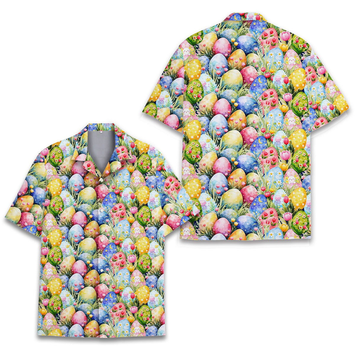 Close-up front view of the multicolor easter hawaiian shirt