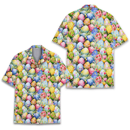 Close-up front view of the multicolor easter hawaiian shirt