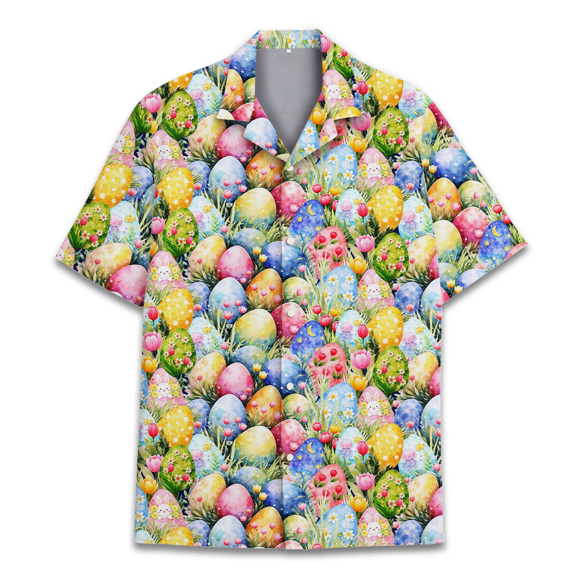 Detailed front view of the easter eggs and bunnies hawaiian shirt