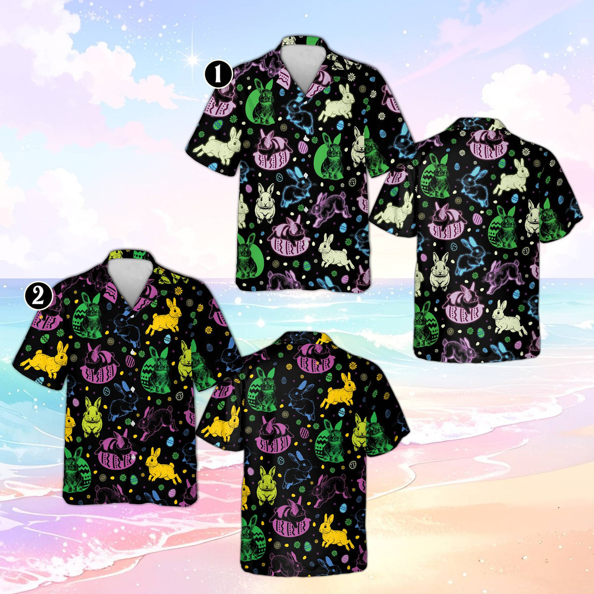 Detailed front view of the neon easter holiday hawaiian shirt