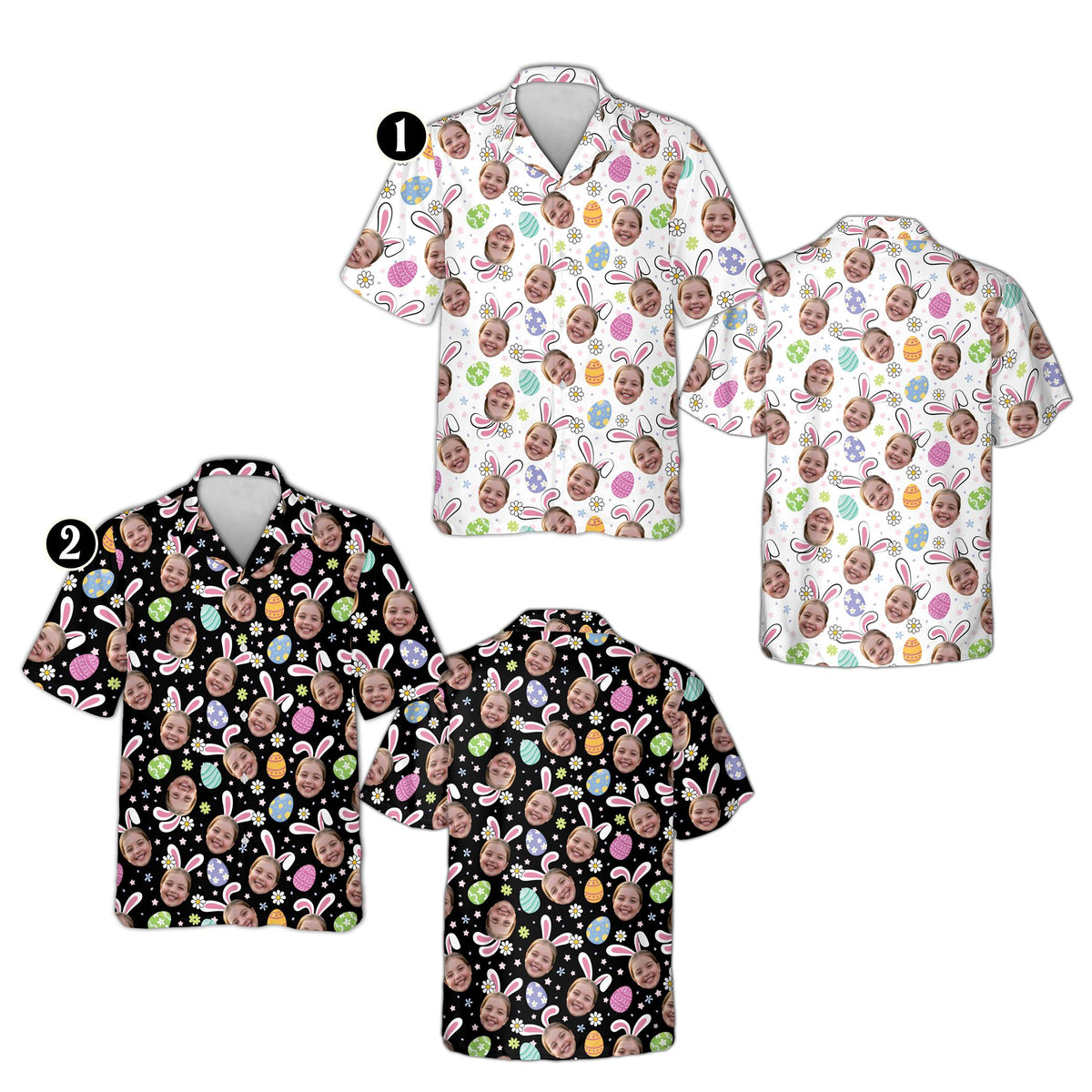 Close-up front view of the personalized Easter matching family hawaiian shirt