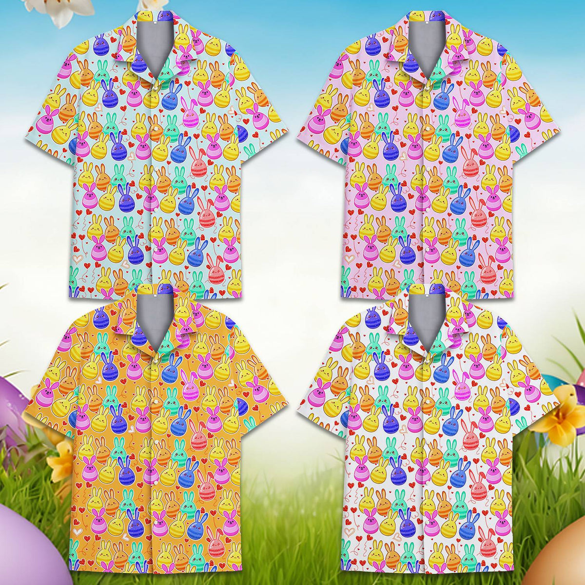 Close-up front view of the cute egg-shaped bunnies hawaiian shirt