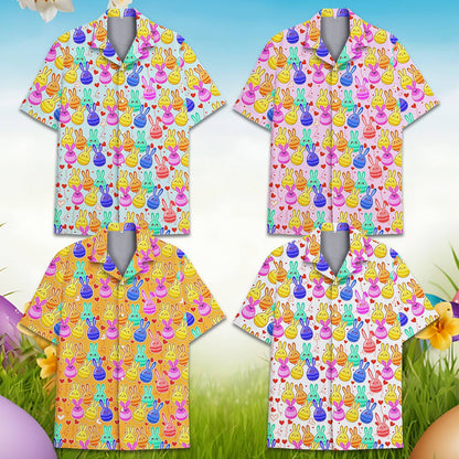 Close-up front view of the cute egg-shaped bunnies hawaiian shirt