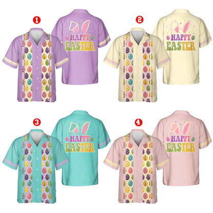 Front view of the easter hawaiian shirt with decorated eggs panel
