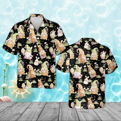 Front view of the black easter gnomes hawaiian shirt with bunnies and flowers
