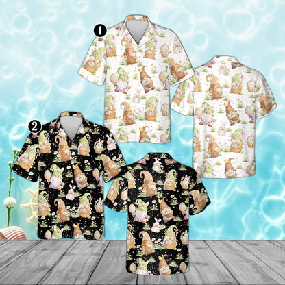 Front view of the white easter gnomes hawaiian shirt showing the holiday pattern