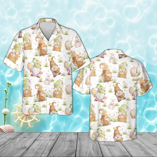 White easter gnomes hawaiian shirt worn as part of a matching family outfit
