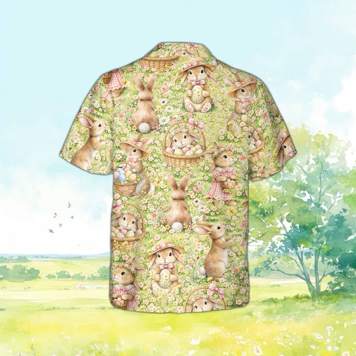 Back view of the green easter hawaiian shirt displaying a seamless vintage bunny pattern