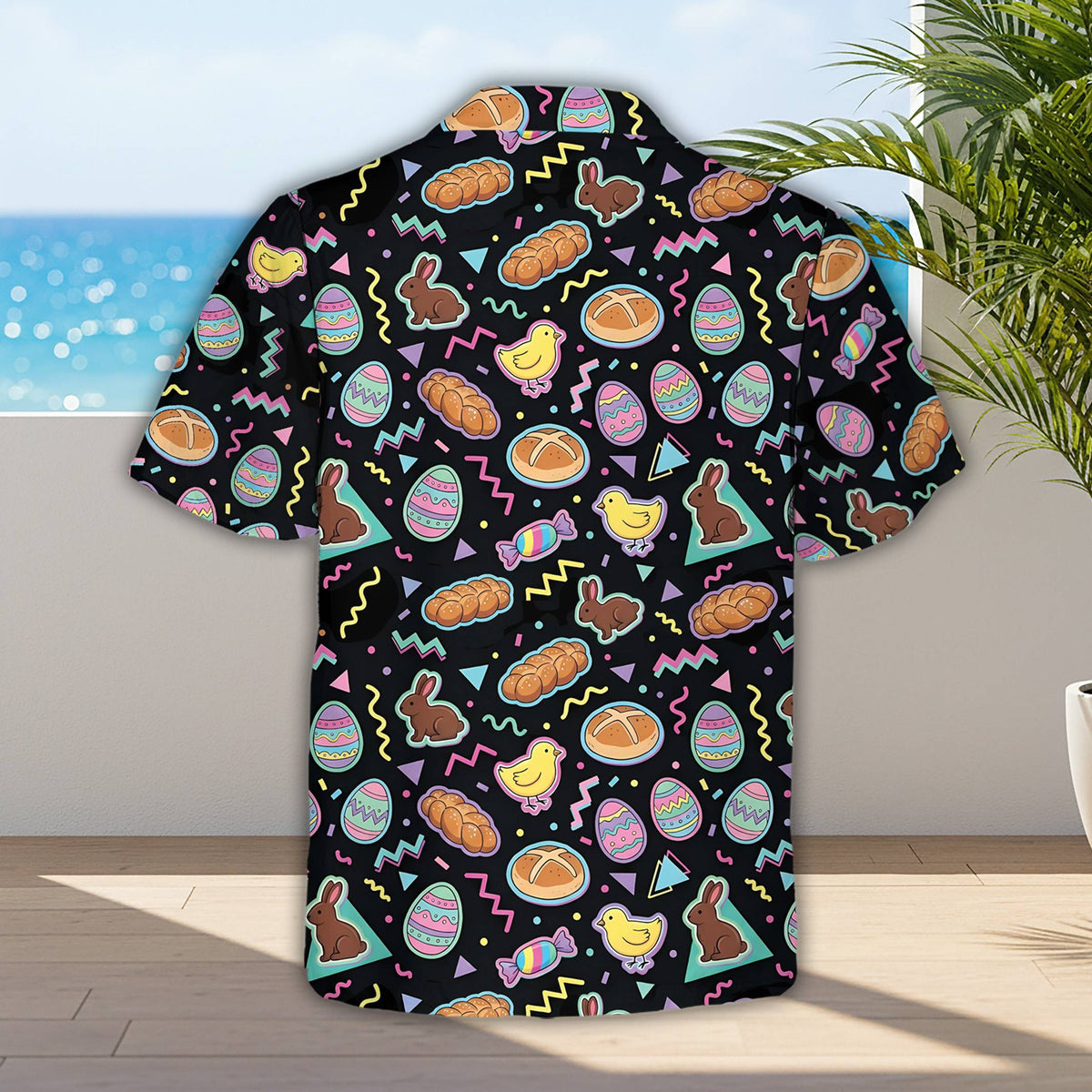 Back view of the retro 90s Easter hawaiian shirt on black background
