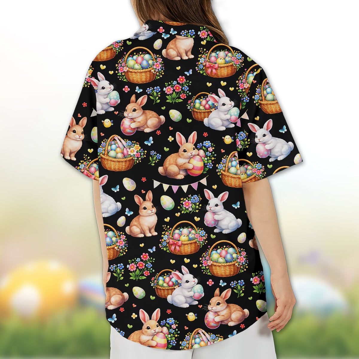 Detailed back view of the holiday hawaiian shirt with spring pattern