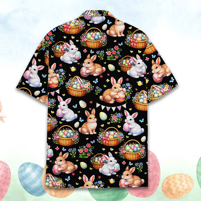 Detailed back view of black Easter Hawaiian shirt