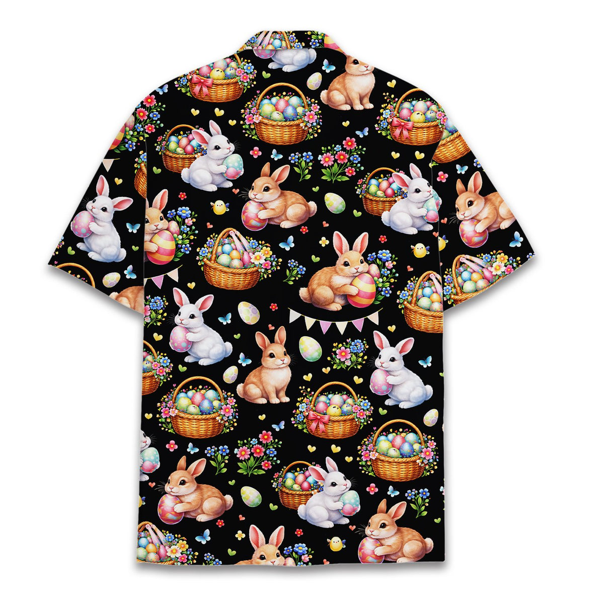 Back view of black Easter Hawaiian shirt with bunny and egg print