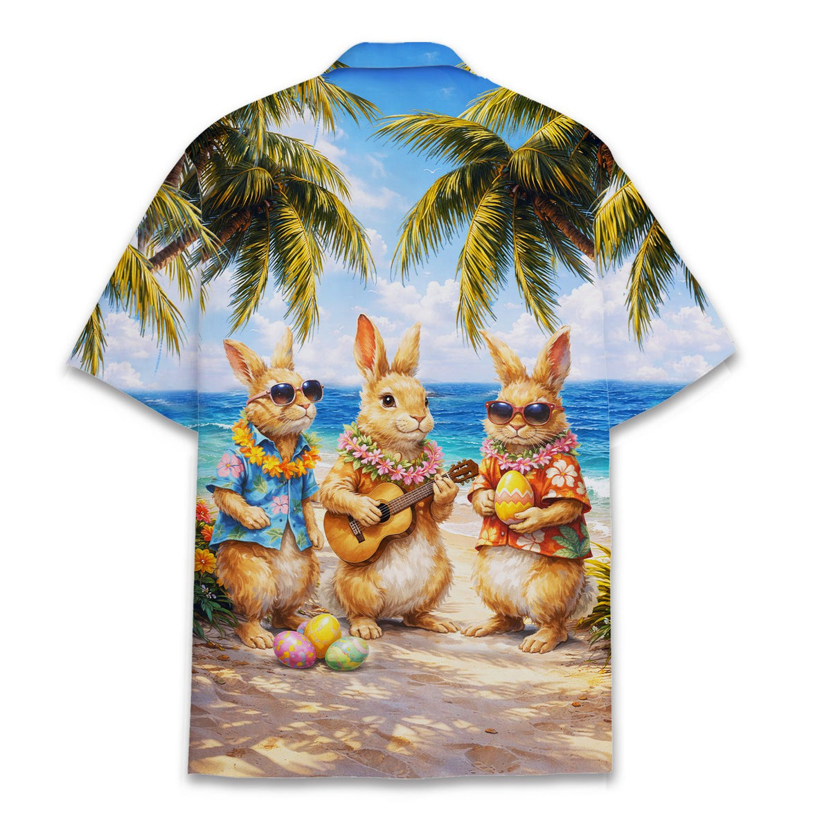 Back view of the blue easter hawaiian shirt displaying the tropical bunny print