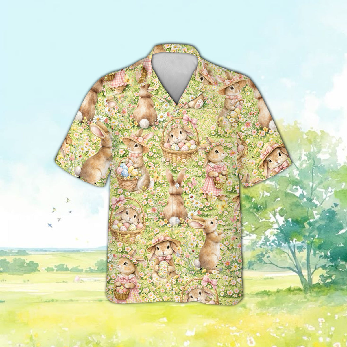 Close-up front view of the matching family hawaiian shirt with vintage bunnies in a daisy field