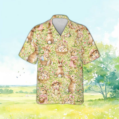 Close-up front view of the matching family hawaiian shirt with vintage bunnies in a daisy field