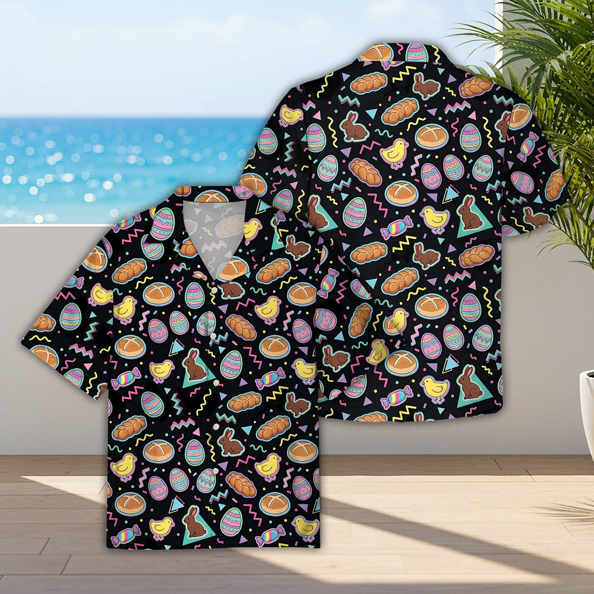 Easter hawaiian shirt with retro 90s pattern on black background, main view