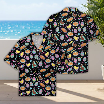 Front view of the Easter hawaiian shirt featuring bunnies and chicks