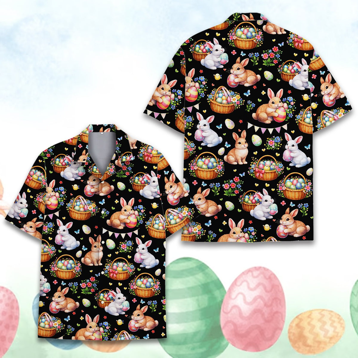 Detailed front view of black Easter Hawaiian shirt