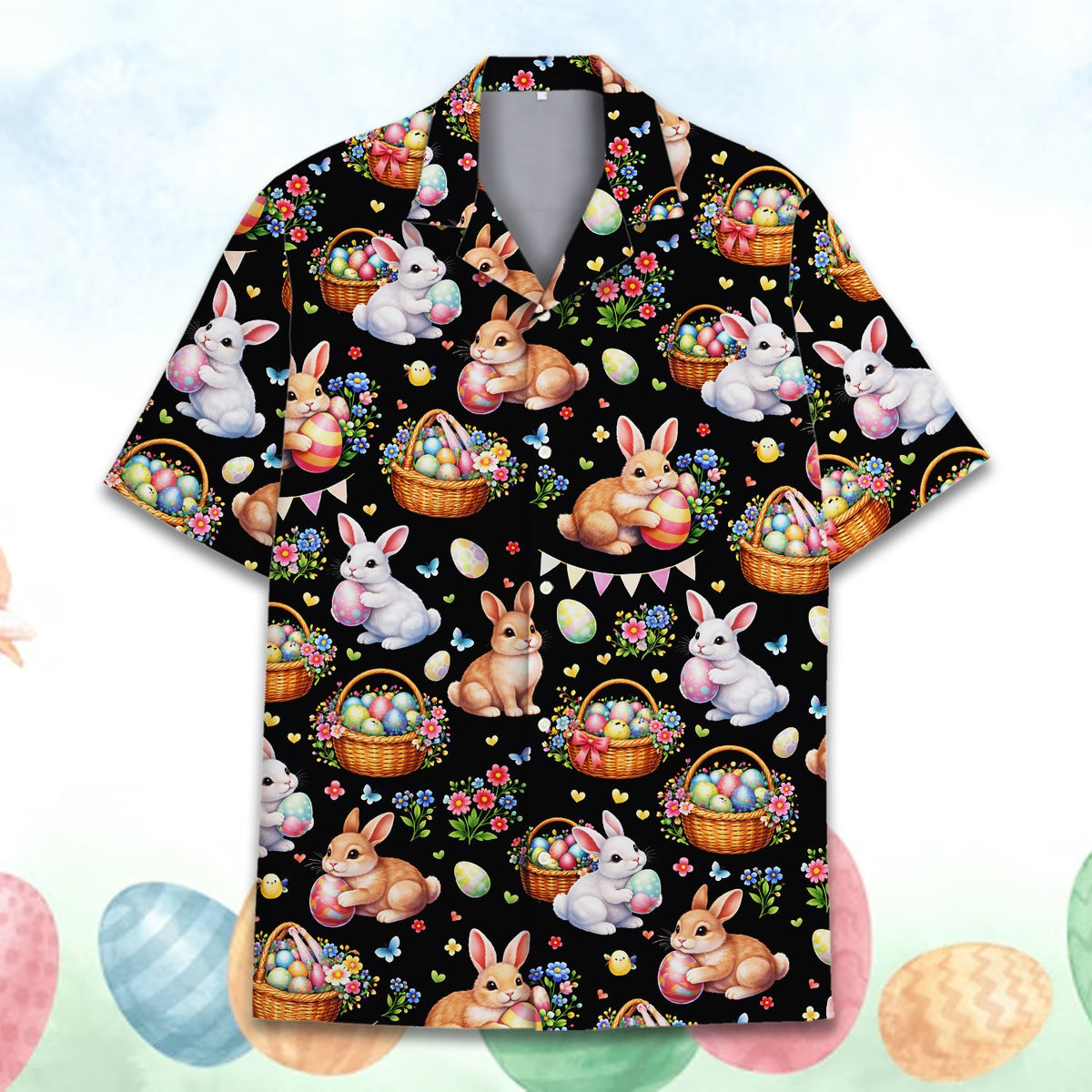 Close-up front view of black Easter Hawaiian shirt