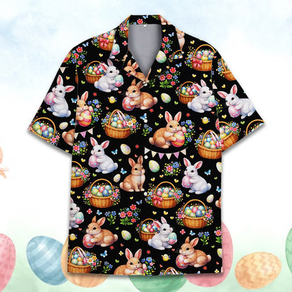 Close-up front view of black Easter Hawaiian shirt