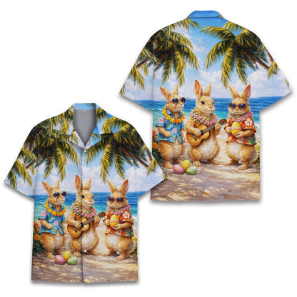 Close up front view of the blue easter hawaiian shirt