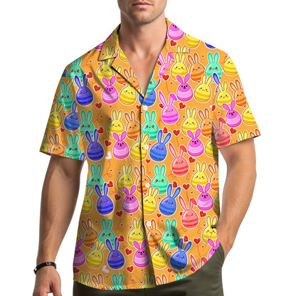 Multicolor easter hawaiian shirt featuring cute egg-shaped bunnies and red hearts, matching family display