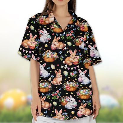 Easter hawaiian shirt with matching family bunnies and eggs pattern, front view