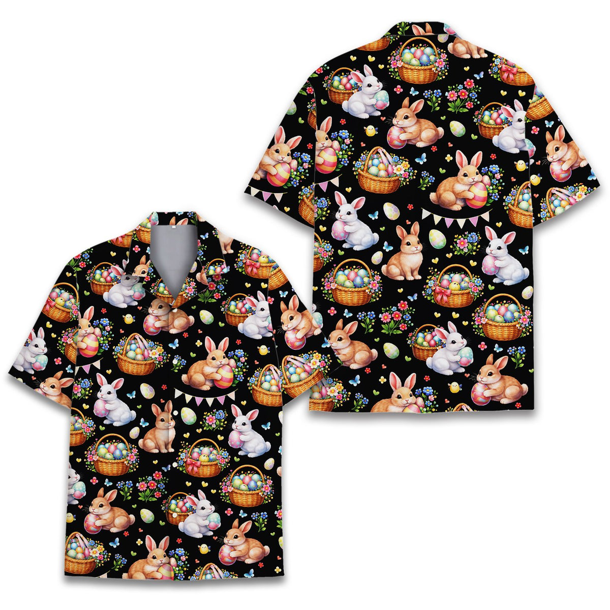 Black Easter Hawaiian shirt featuring bunnies and eggs, front view flat lay