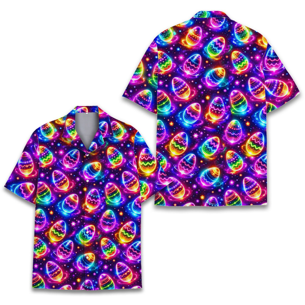 Main view of the cosmic purple easter hawaiian shirt featuring glowing neon eggs
