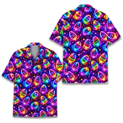 Main view of the cosmic purple easter hawaiian shirt featuring glowing neon eggs
