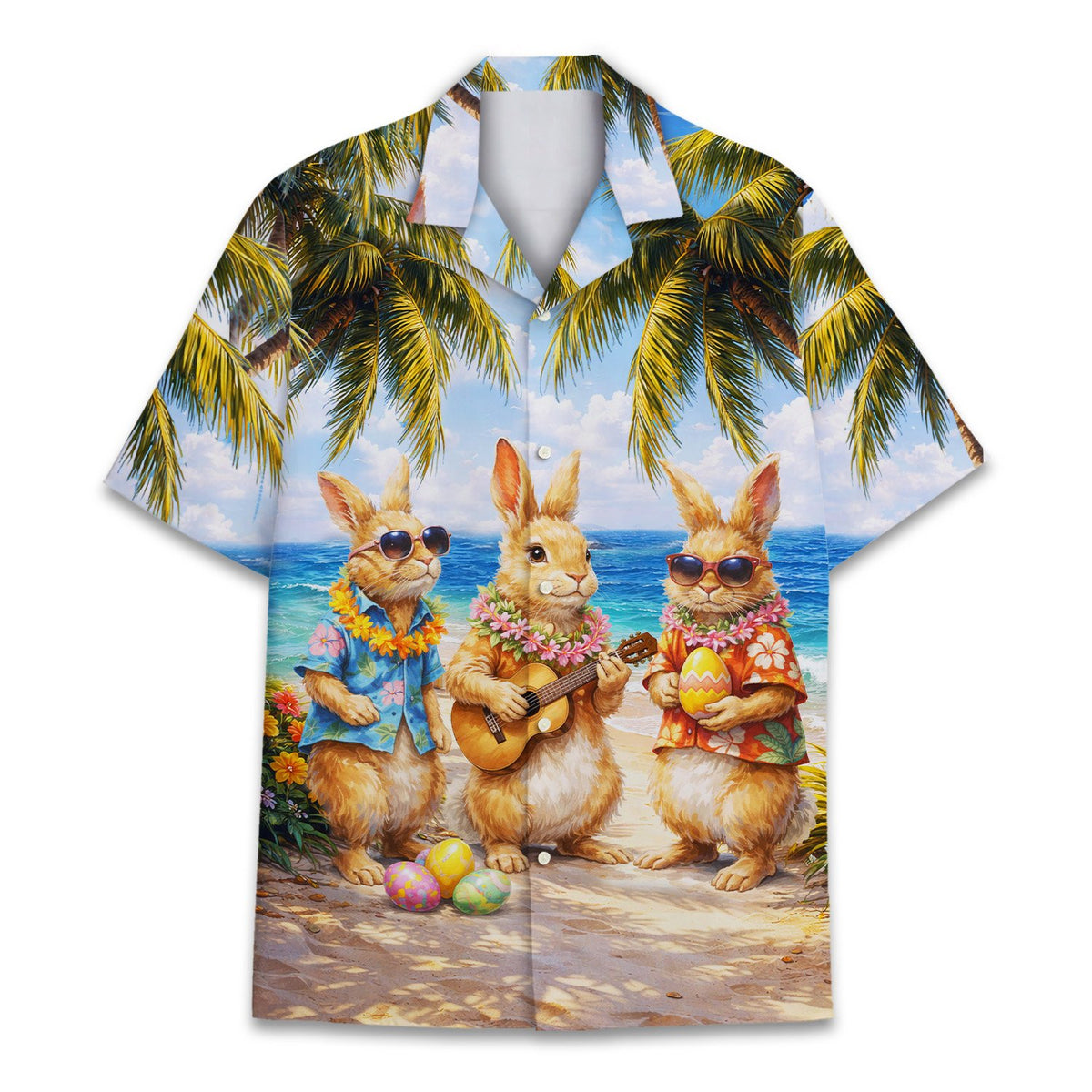 Front view of the blue easter hawaiian shirt showing the beach scene design