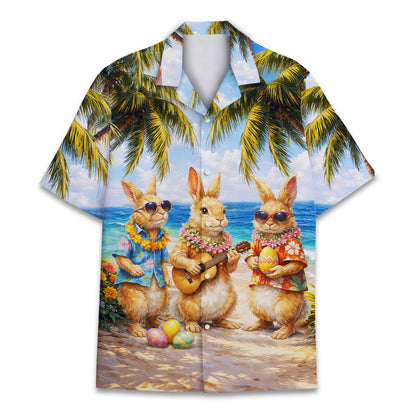 Front view of the blue easter hawaiian shirt showing the beach scene design