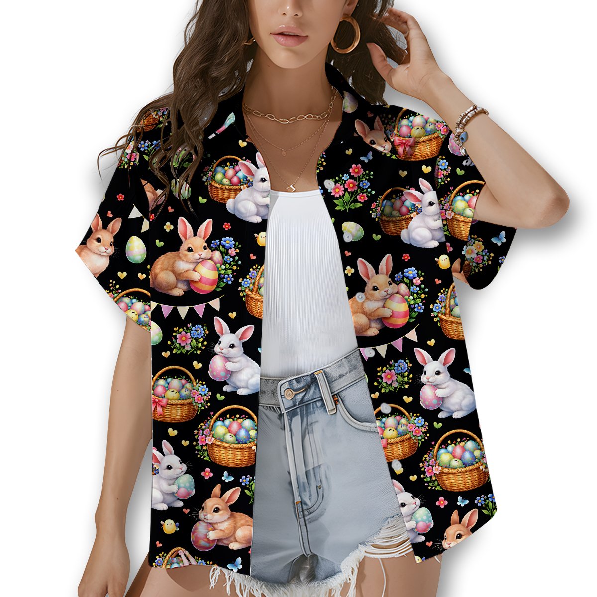Lifestyle view of someone wearing the festive easter hawaiian shirt