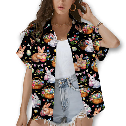 Lifestyle view of someone wearing the festive easter hawaiian shirt