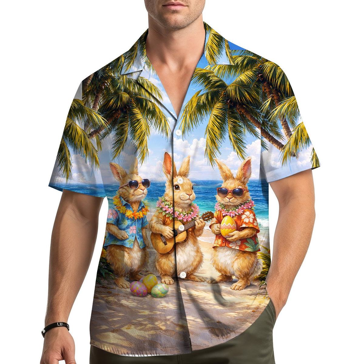 Lifestyle view of someone wearing the blue easter hawaiian shirt