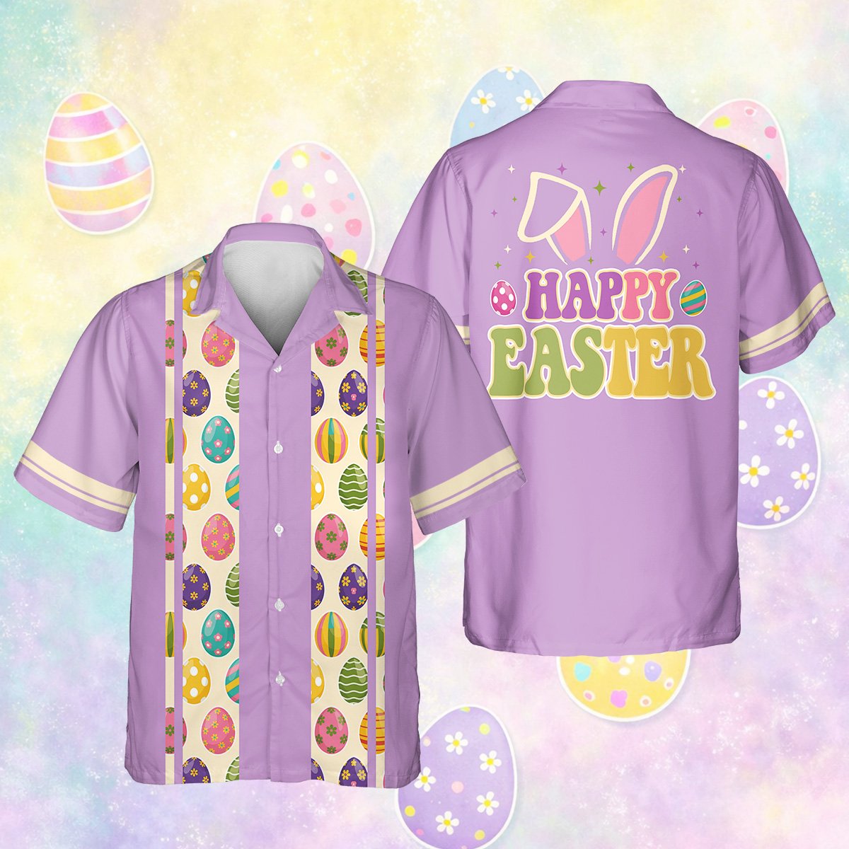 Vibrant easter hawaiian shirt with bunny ears design, main view