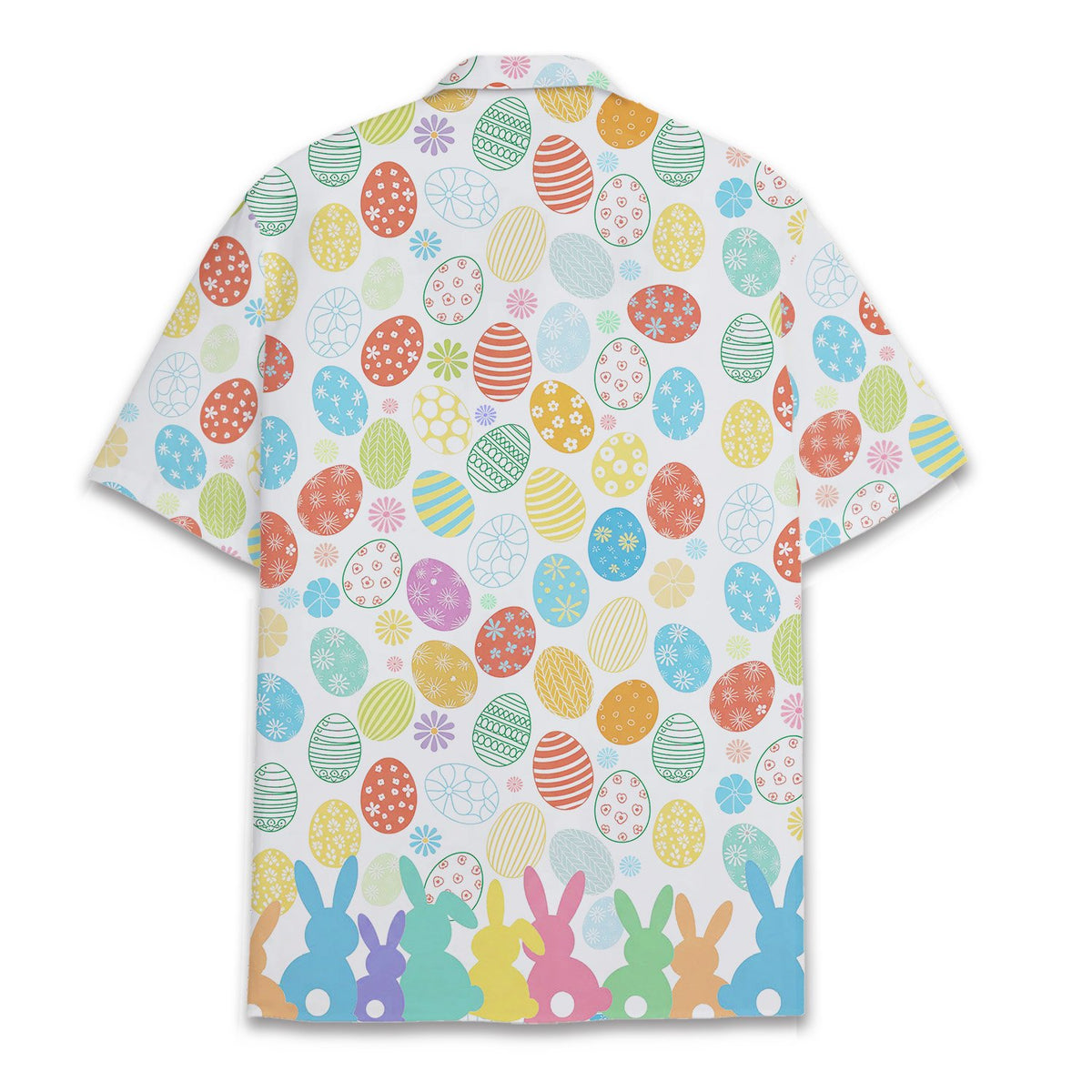 White Easter hawaiian shirt with colorful eggs and pastel bunnies, back view