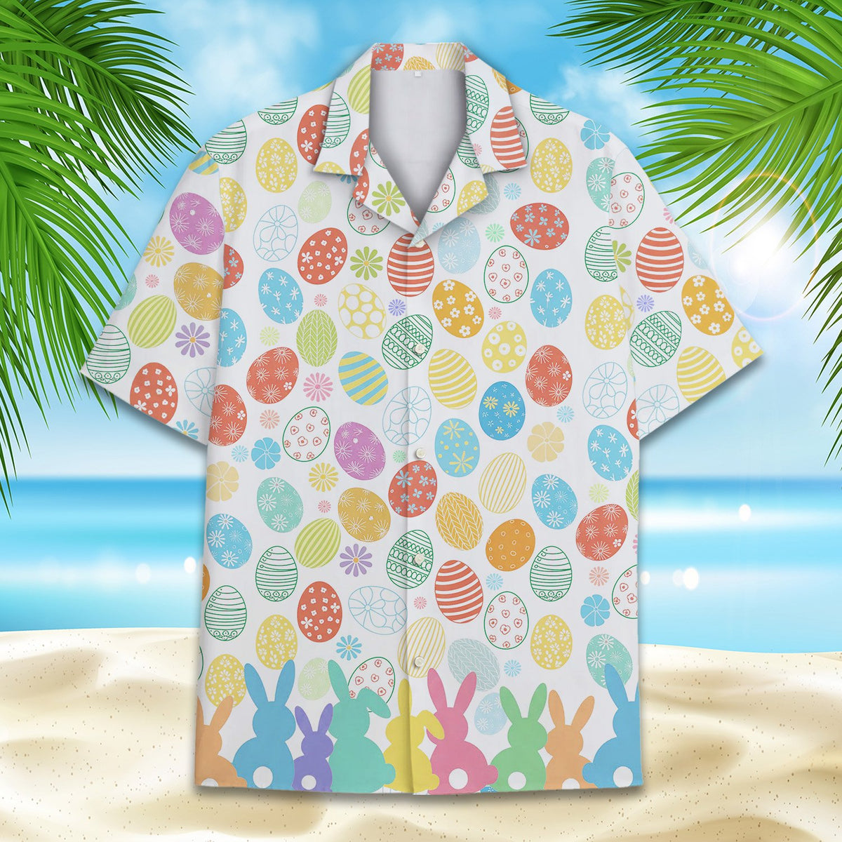 White Easter hawaiian shirt with colorful eggs and pastel bunnies, front view detail 1