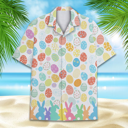 White Easter hawaiian shirt with colorful eggs and pastel bunnies, front view detail 1