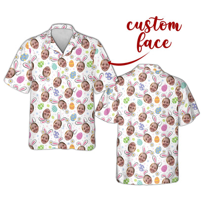White easter hawaiian shirt featuring custom bunny ears and eggs, front view