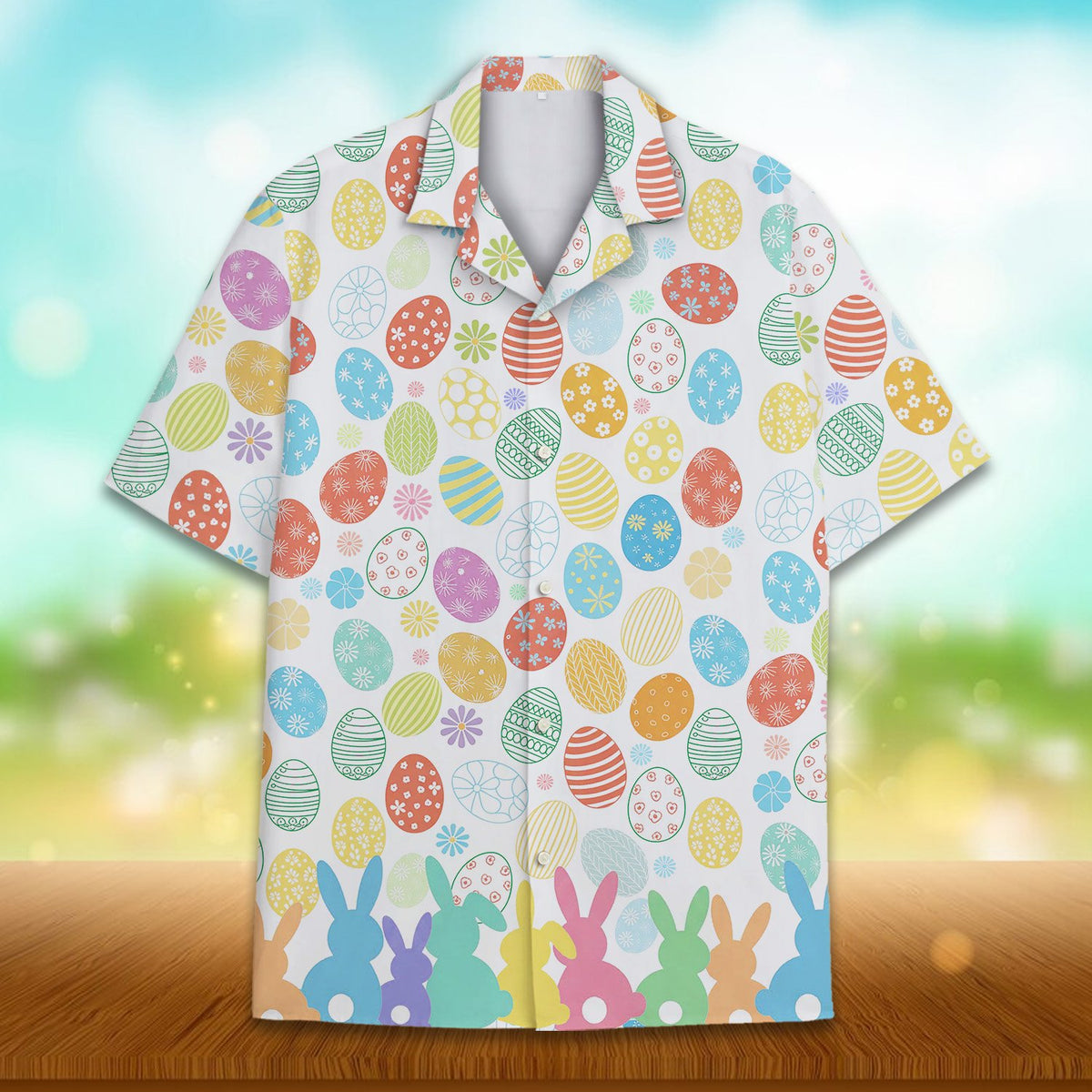 White Easter hawaiian shirt with colorful eggs and pastel bunnies, front view detail 2