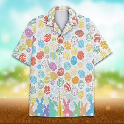 White Easter hawaiian shirt with colorful eggs and pastel bunnies, front view detail 2