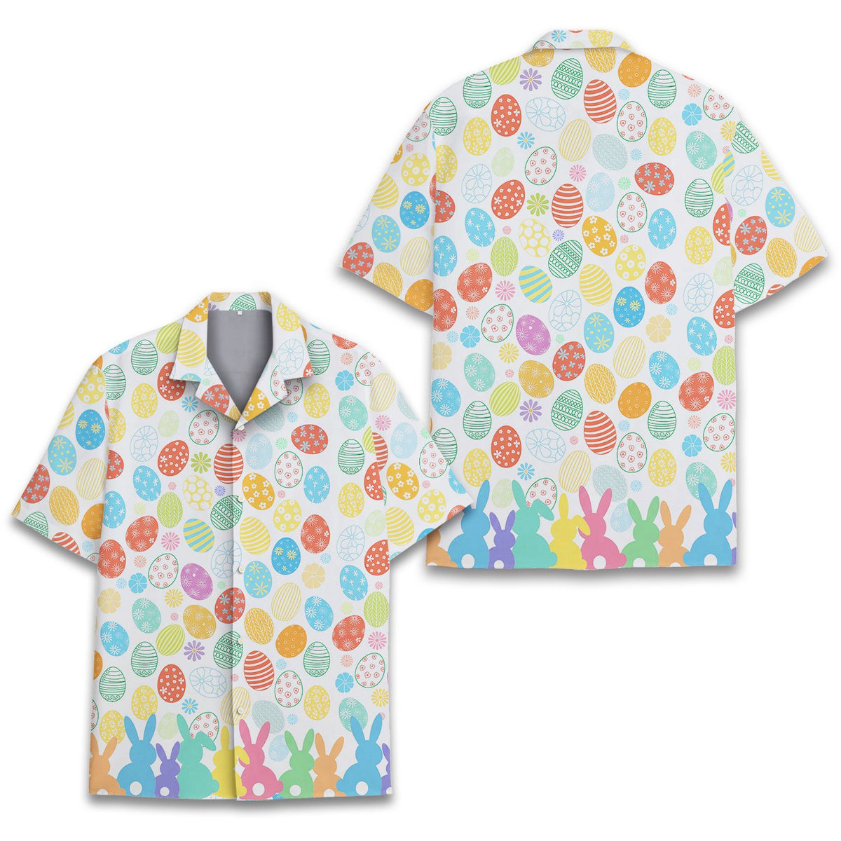 White Easter hawaiian shirt with colorful eggs and pastel bunnies, front view detail 3
